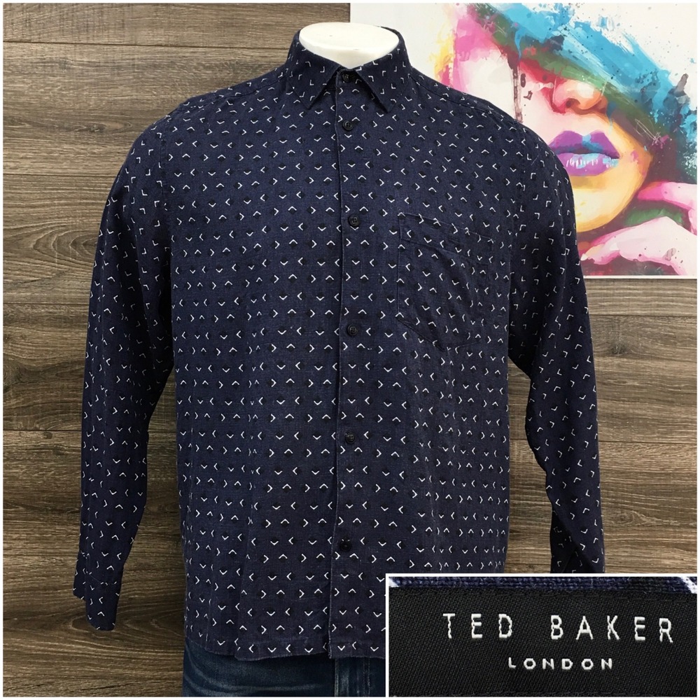 Ted Baker London Mens Navy Geometric Print 100% Linen Button Shirt‎ Size 5 XL